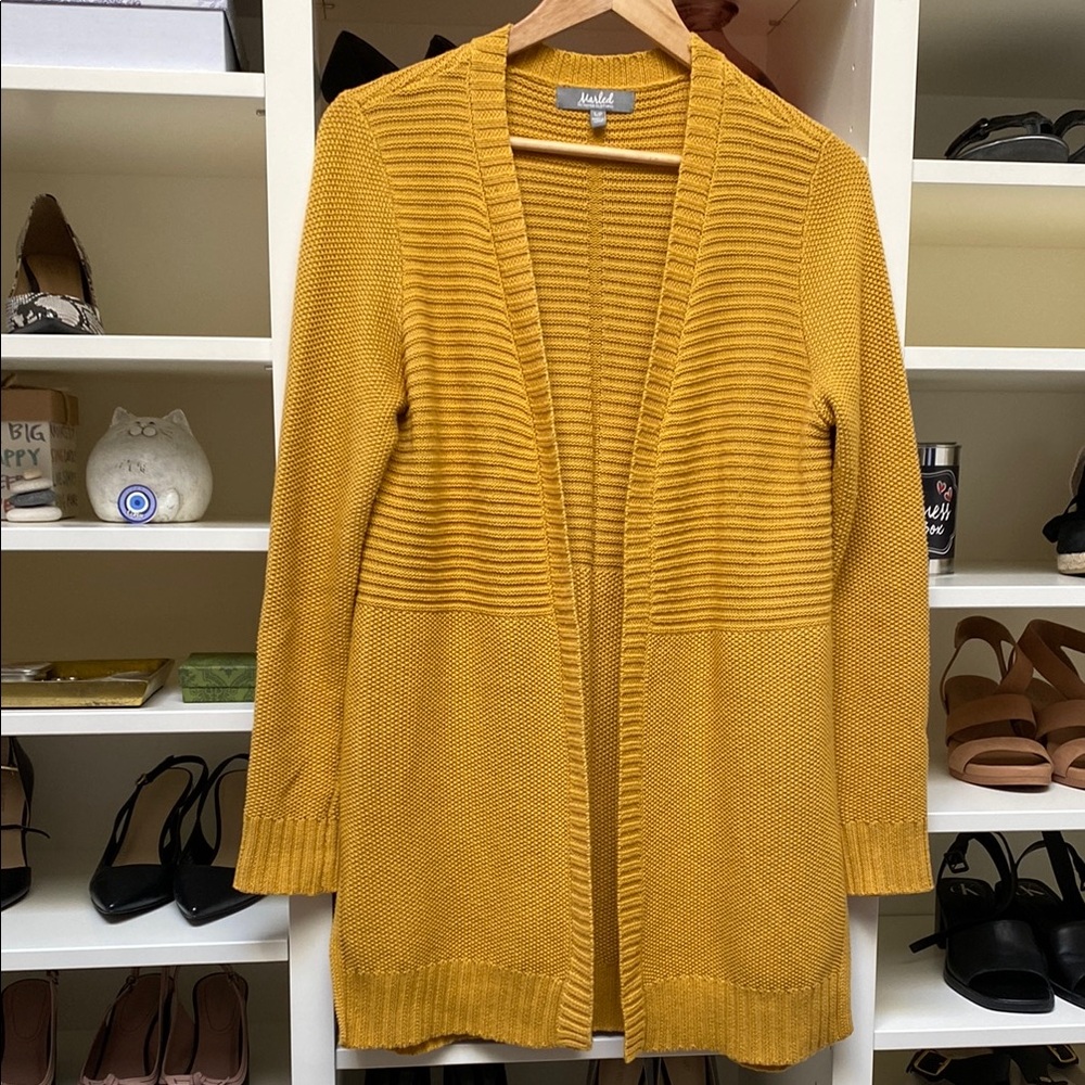 Marled Yellow Gold Cardigan Sweater Ribbed Open Front. EUC. Size S.